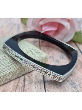 Brighton Black & Silver Etched Scroll Square Bangle Bracelet Unique Fun Design